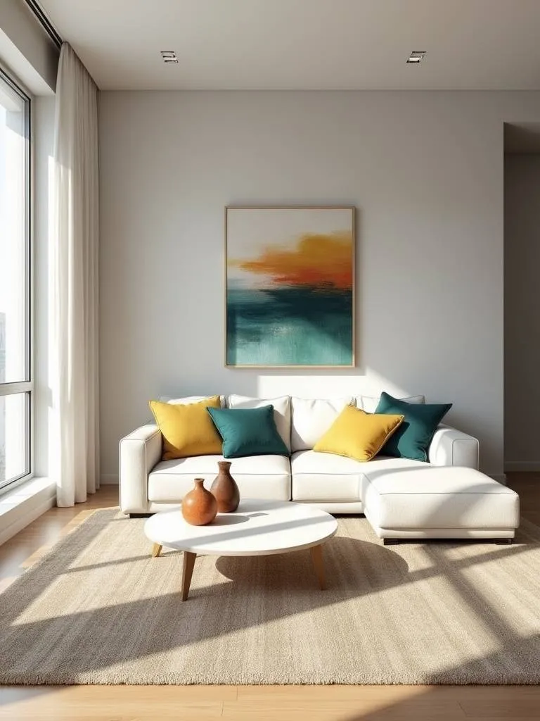 Modern living room with a neutral gray and beige color palette accented by strategic pops of deep teal and mustard yellow in pillows, art, and decor.