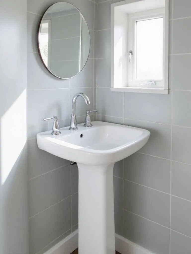 Small bathroom with sleek white pedestal sink and round mirror