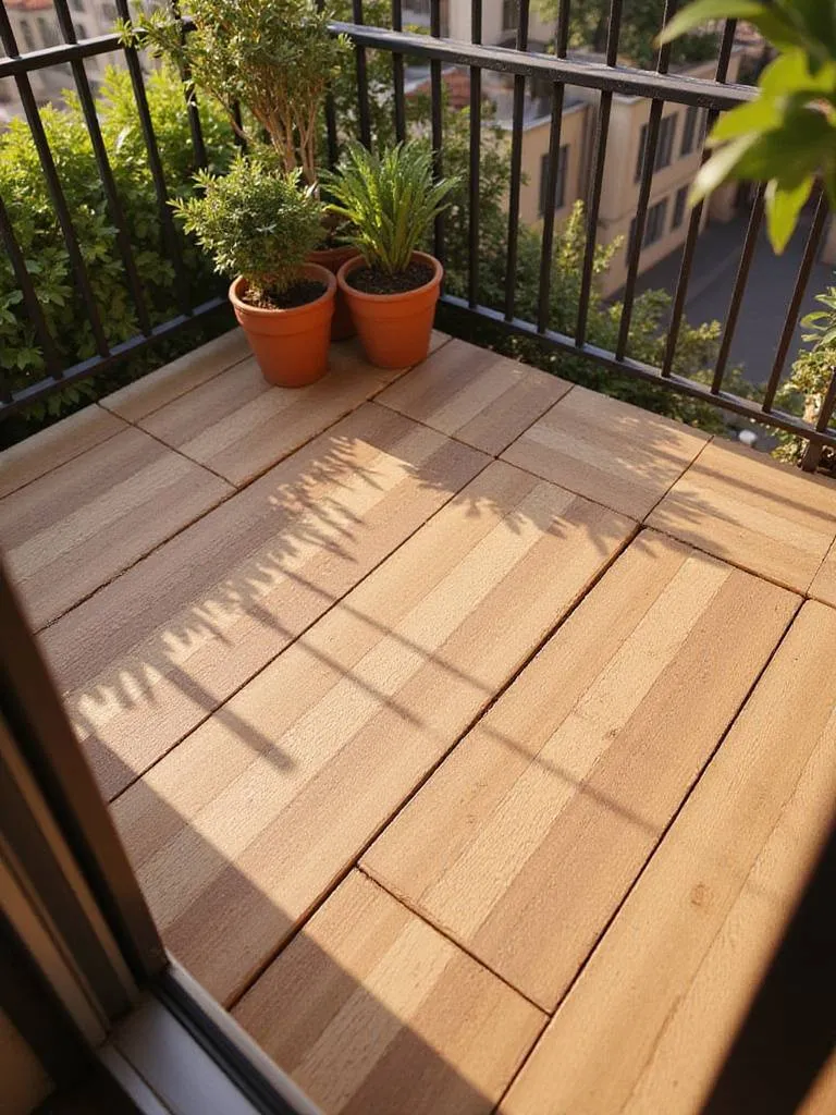 Small balcony floor covered in light brown interlocking wood composite decking tiles with potted plants, bathed in warm sunlight.