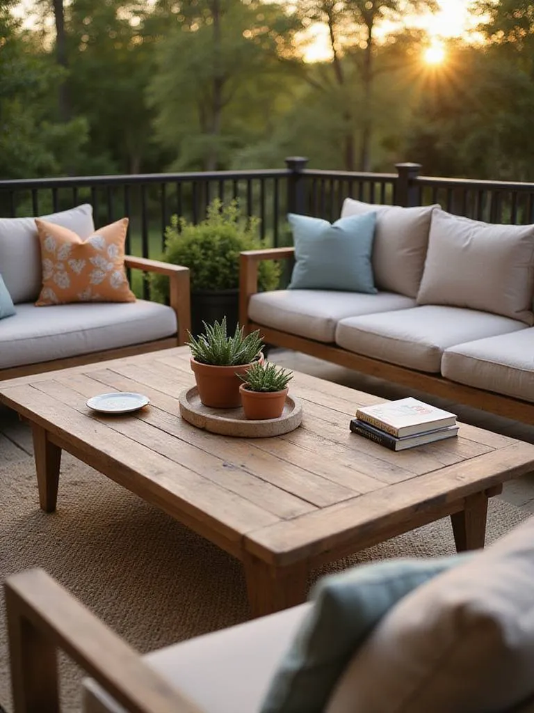 Stylish teak coffee table on a decorated outdoor deck.
