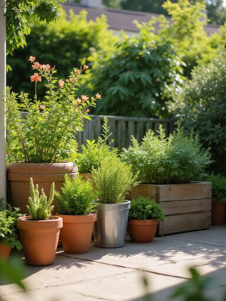 A collection of diverse container garden pots made from materials like terracotta, plastic, ceramic, wood, metal, and fabric, arranged on a patio.