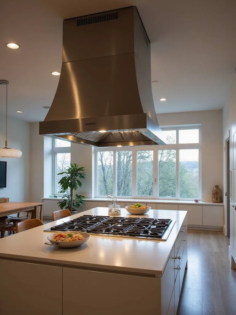 Modern kitchen island with a stainless steel range hood suspended overhead.