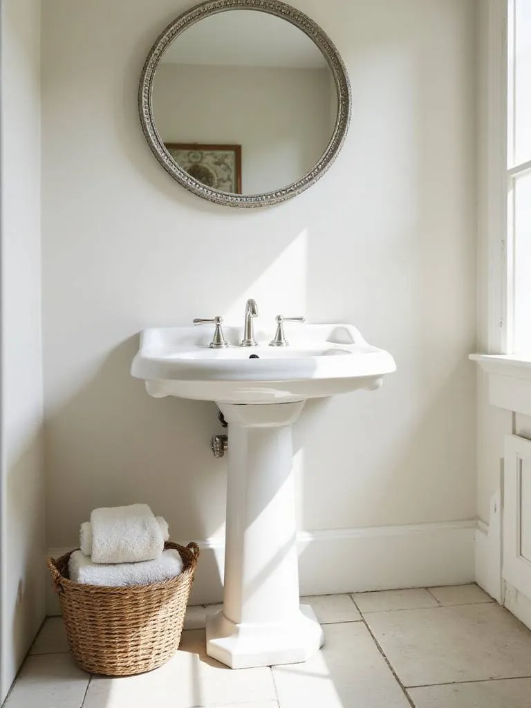 Classic white pedestal sink in a bright and elegant bathroom