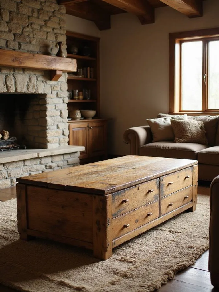 Rustic living room with a wooden coffee table featuring built-in storage drawers, centered on a rug.