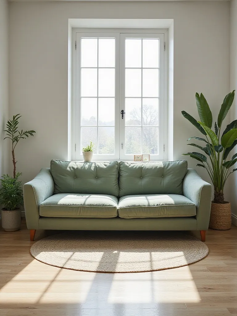 Living room scene featuring a sage green velvet couch under soft afternoon light, illustrating the calming effect of color choice in home decor.