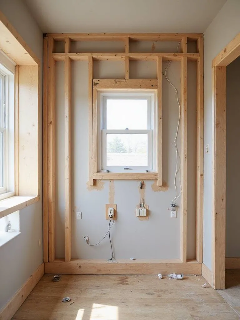 Modern kitchen under renovation with exposed electrical wiring and marked switch placements.