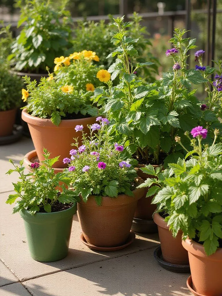 A collection of vibrant self-watering containers on a sunny patio, filled with lush flowers, herbs, and vegetables thriving in a low-maintenance garden setup.
