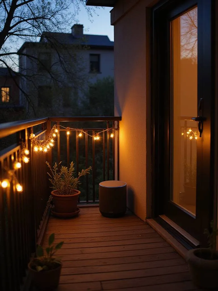 Small urban balcony at night illuminated by warm amber smart string lights, with a smart speaker visible on a side table, showcasing technology integration.
