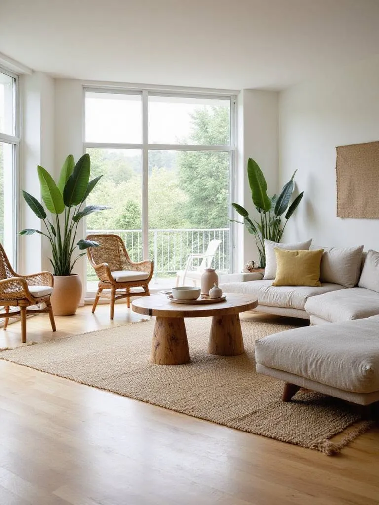 Modern living room showcasing sustainable design with bamboo flooring, reclaimed wood furniture, organic linen sofa, and large plants.