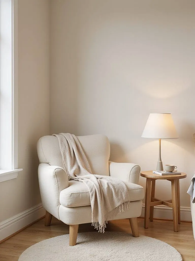 Comfortable beige armchair and side table create a serene seating area in a peaceful bedroom retreat.