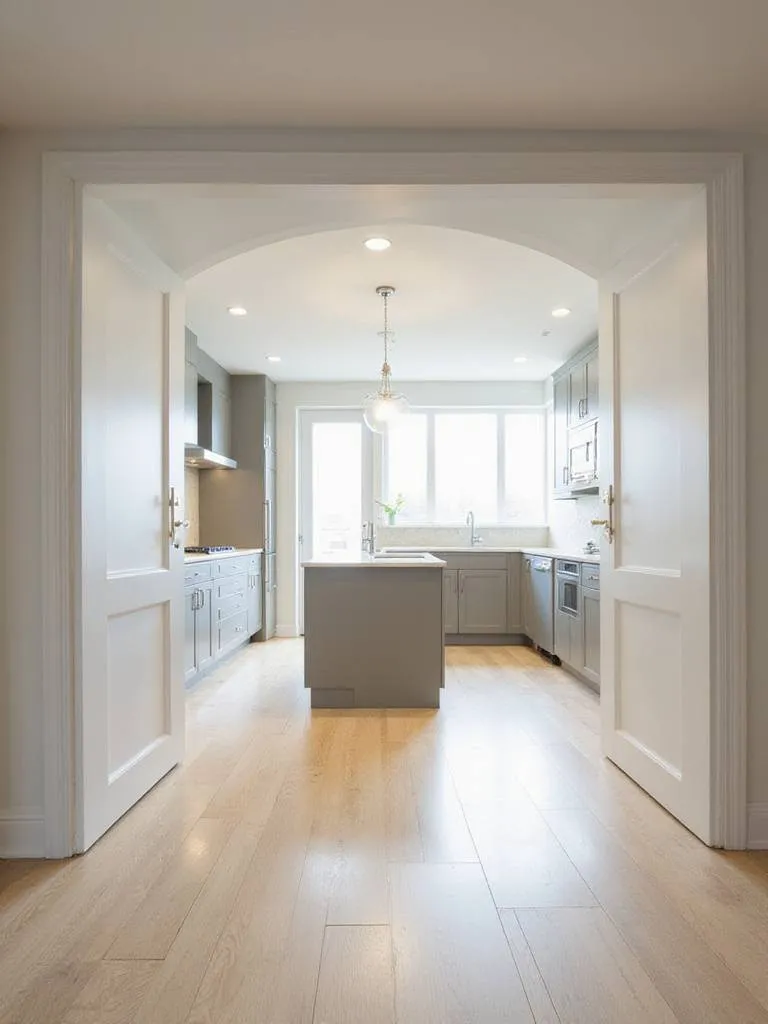 Modern kitchen design layout showing clear entry and exit points and spacious pathways, illustrating efficient traffic flow.
