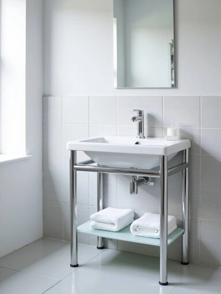 Modern bathroom with a white ceramic console sink and chrome legs.