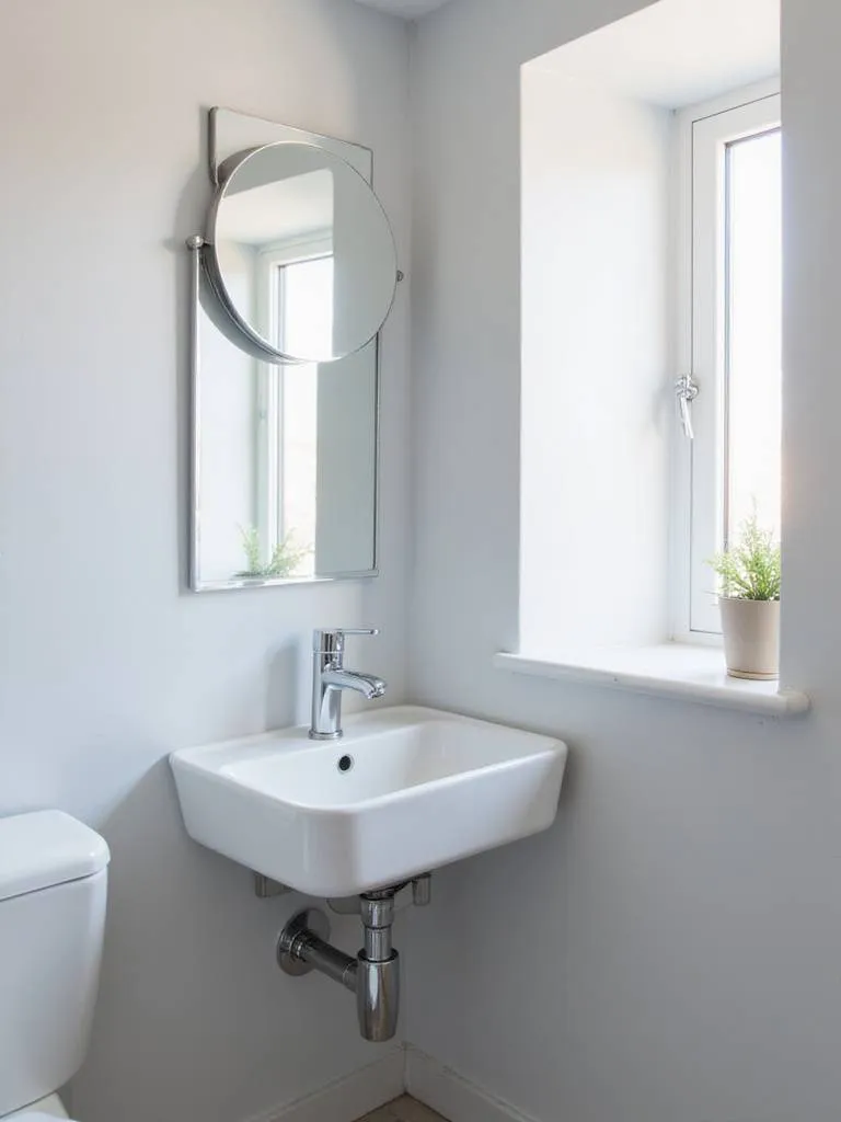 Small bathroom featuring a corner sink to maximize space.