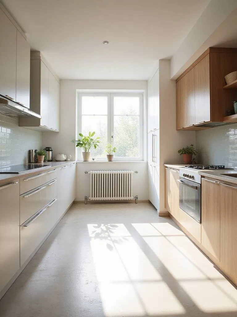 Comparing the appearance of conventional kitchen cabinets versus more natural, potentially sustainable wood cabinets in a bright kitchen setting.