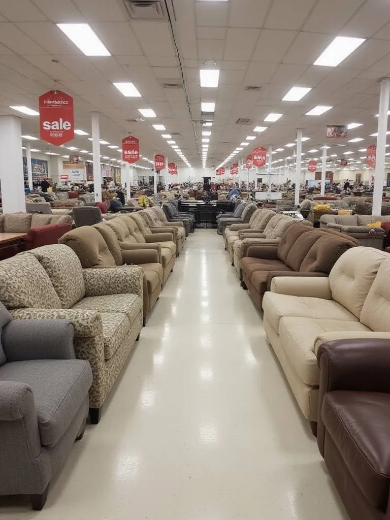 Rows of affordable couches and sofas displayed in a furniture store clearance section with sale tags, illustrating budget-friendly furniture shopping.