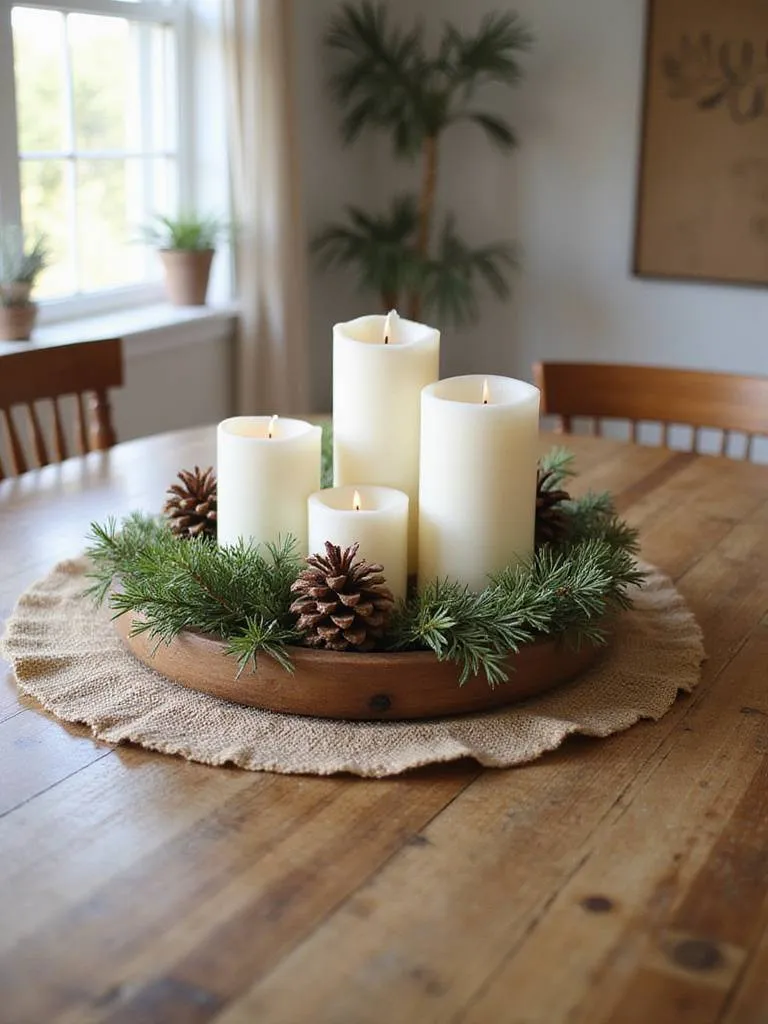 Rustic dining room table with a nature-inspired centerpiece featuring candles, pinecones, and evergreen sprigs.