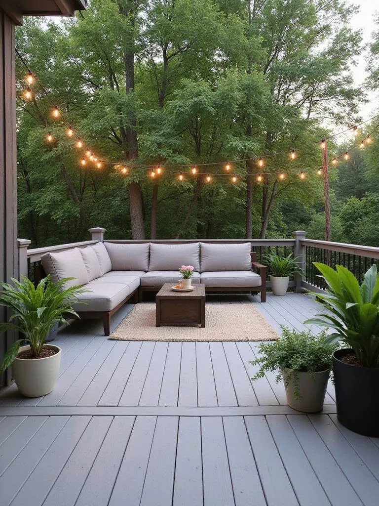 Inviting deck seating area with outdoor sofa, coffee table, and plants
