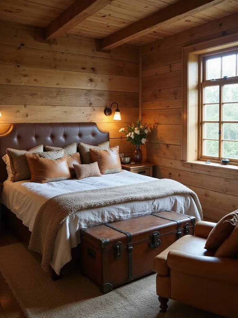 Rustic bedroom with a distressed brown leather headboard, leather trunk, and tan leather armchair, showcasing rich textures and warm tones.