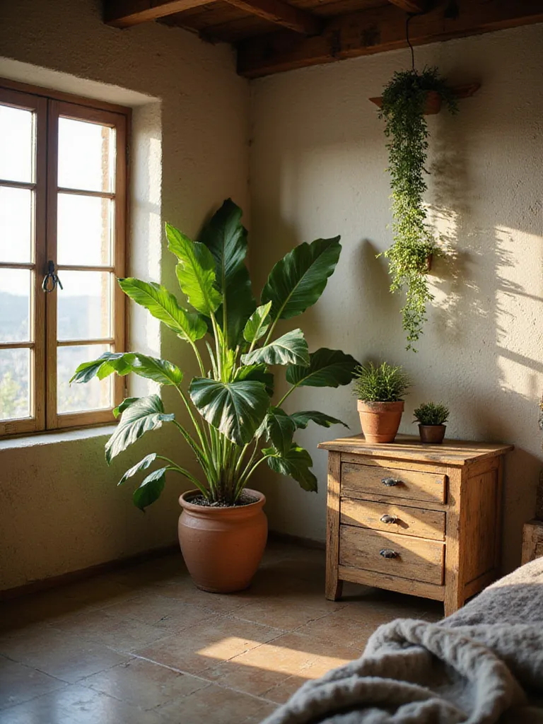Cozy rustic bedroom corner featuring a large floor plant in a terracotta pot and a trailing plant hanging near a window, adding natural greenery to the space.