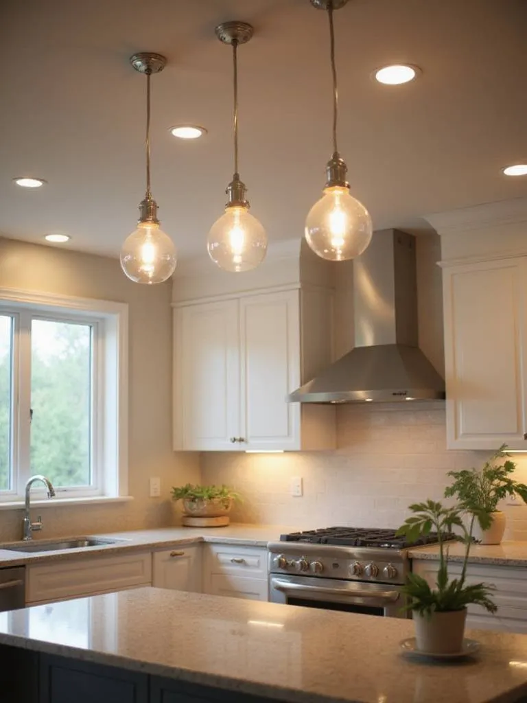 Clean kitchen lighting fixtures shining brightly in a modern kitchen environment.