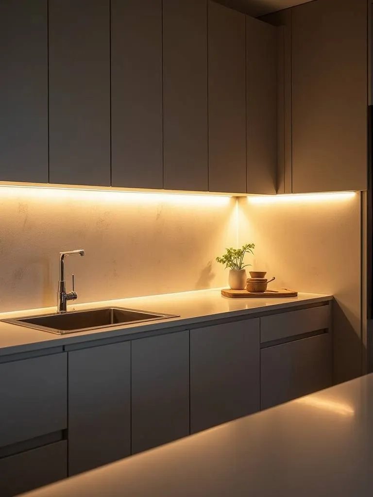 A modern kitchen illuminated by under cabinet lighting, showcasing bright countertops and sleek cabinetry.