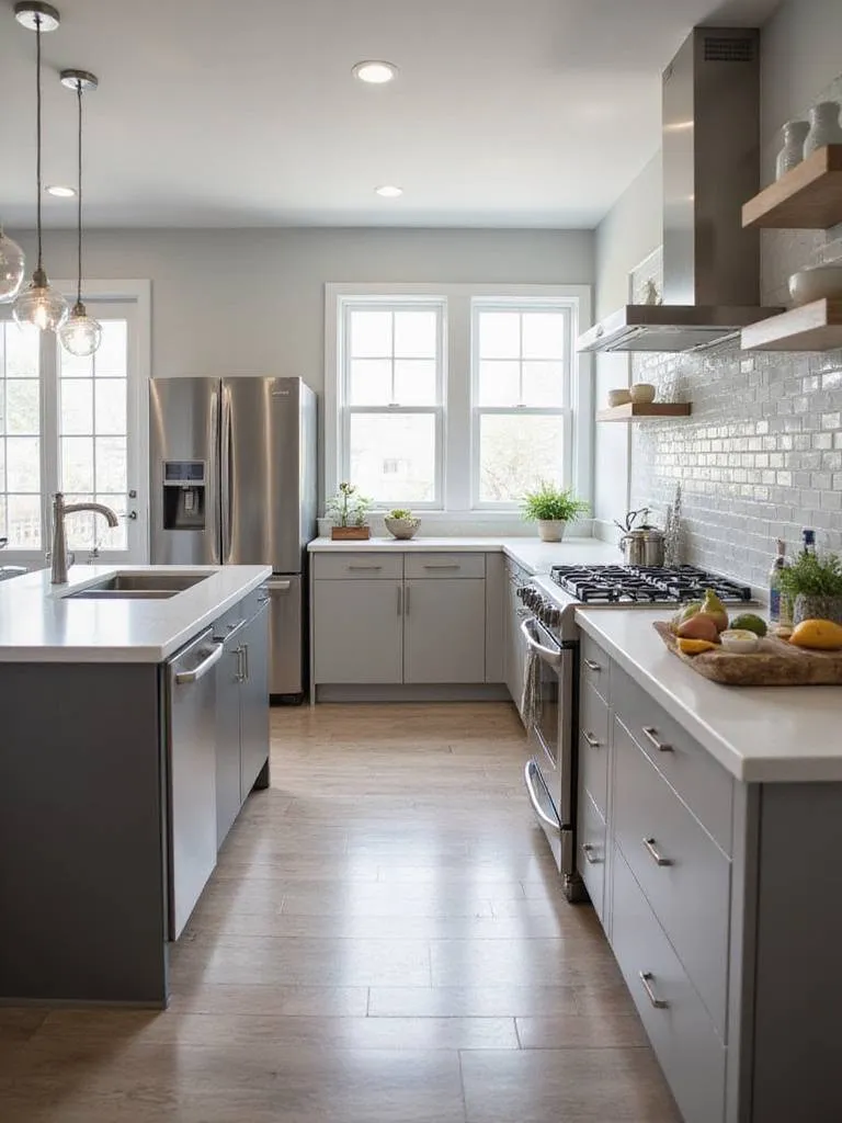 Modern kitchen with upgraded appliances including a refrigerator, range, and dishwasher.