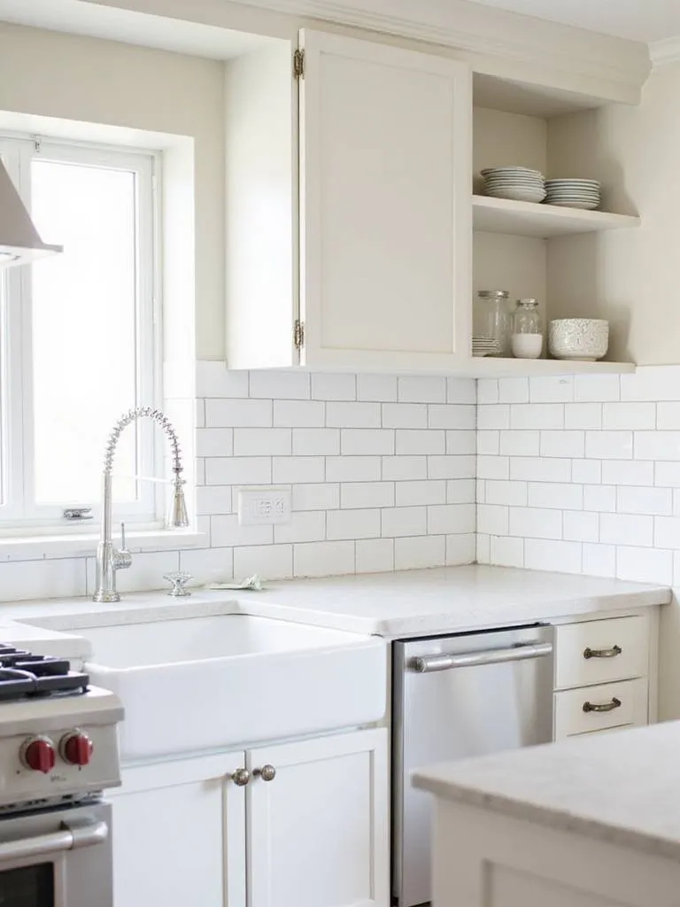 White subway tile backsplash in a classic farmhouse kitchen with light cabinets and counter.