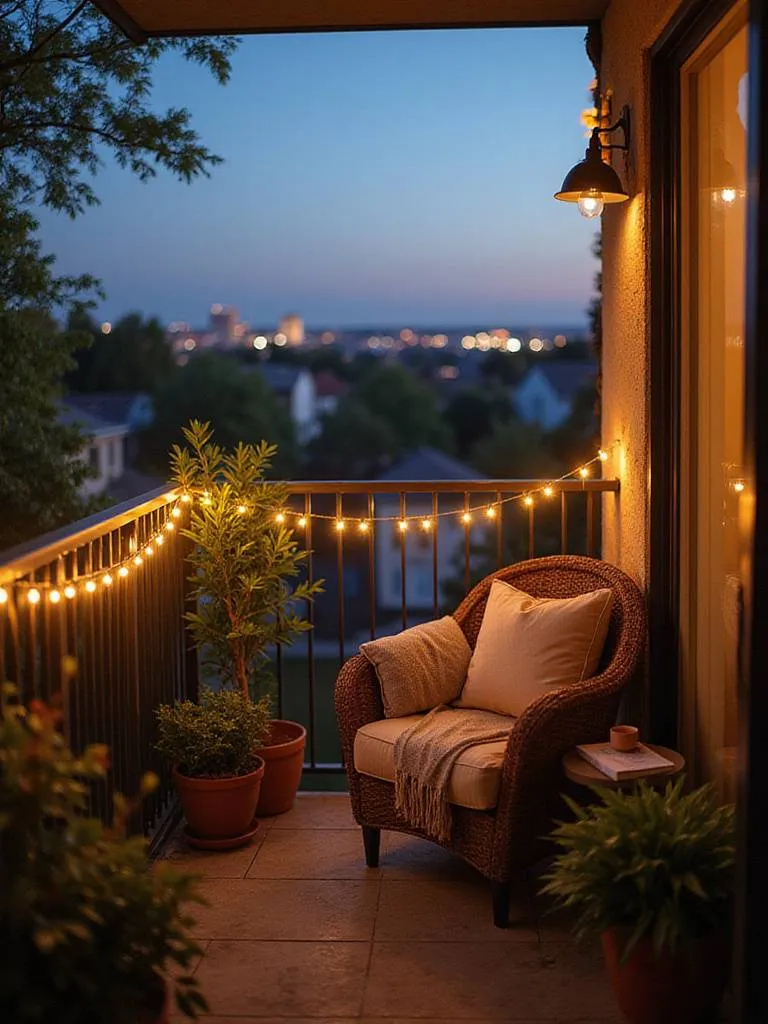 A cozy seating nook on a small balcony featuring a comfortable armchair or bench with cushions, string lights, and potted plants, creating a relaxing outdoor retreat.