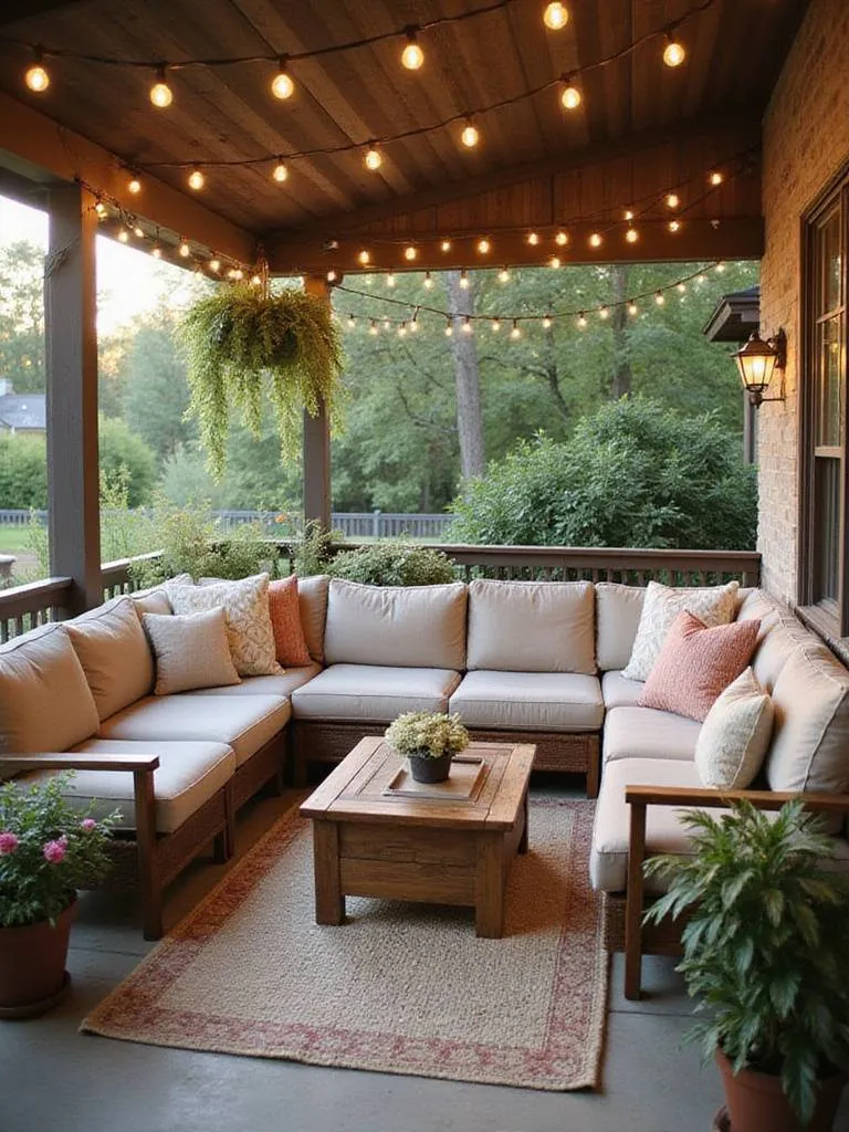 Cozy back porch seating area with comfortable outdoor sofa and string lights.