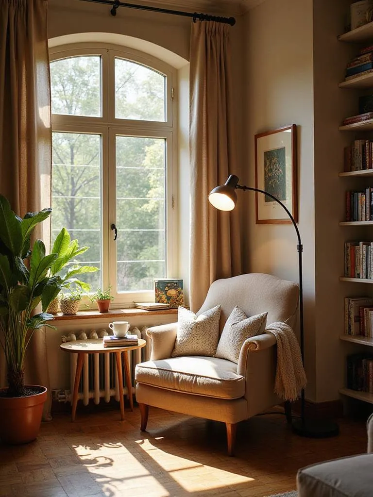 Cozy reading nook in a sunlit living room corner with a comfortable armchair, throw blanket, side table with books, and a warm floor lamp.