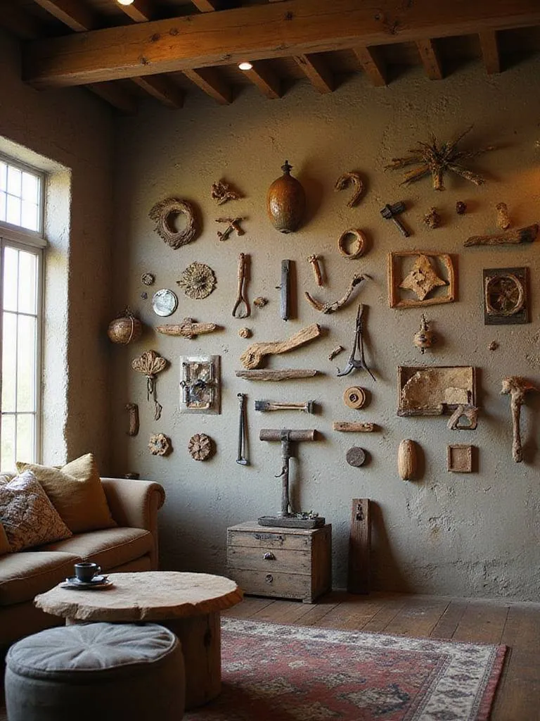 Gallery wall made of found objects in a rustic living room