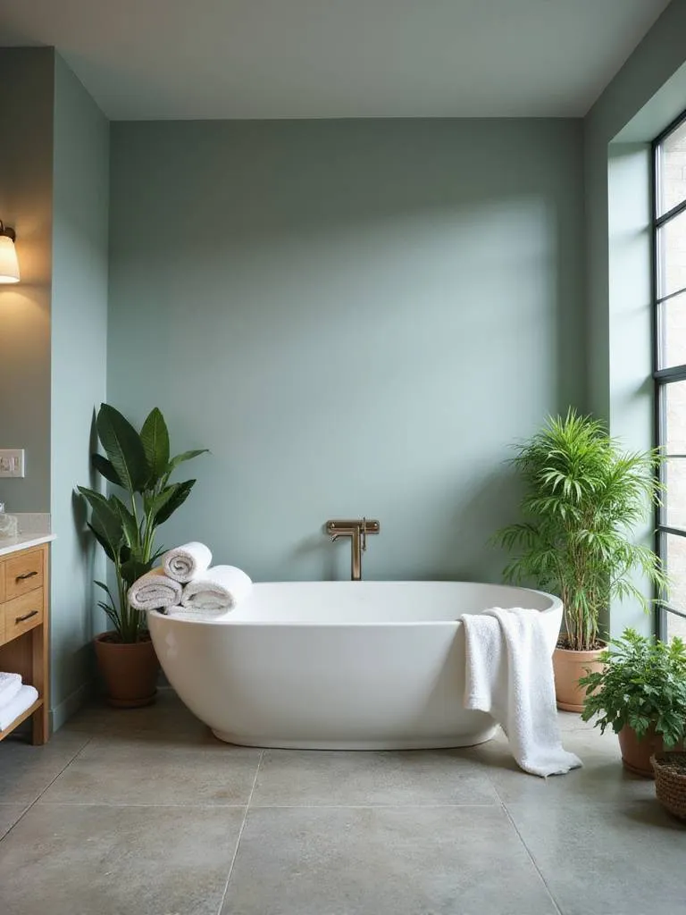 Tranquil spa-like bathroom with a freestanding soaking tub, natural light, muted blue-green walls, wooden vanity, stone floor, and green plants.
