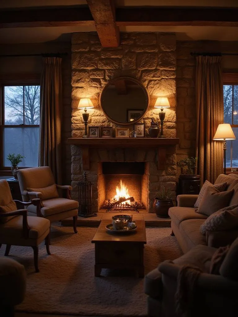 Cozy living room with a warm fireplace as the central focal point, surrounded by comfortable seating.