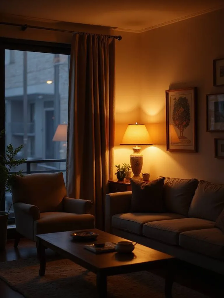 Cozy apartment living room showcasing layered lighting with warm table lamps, floor lamps, and accent lights creating a comfortable and inviting ambiance.