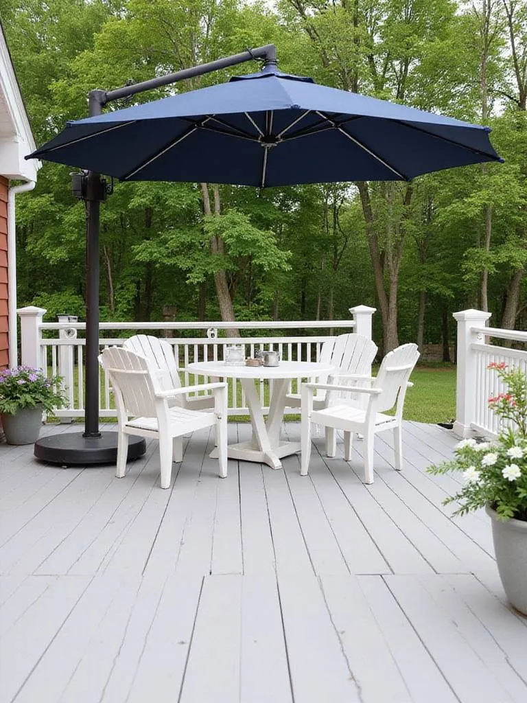 Deck with cantilever umbrella providing shade over outdoor seating area