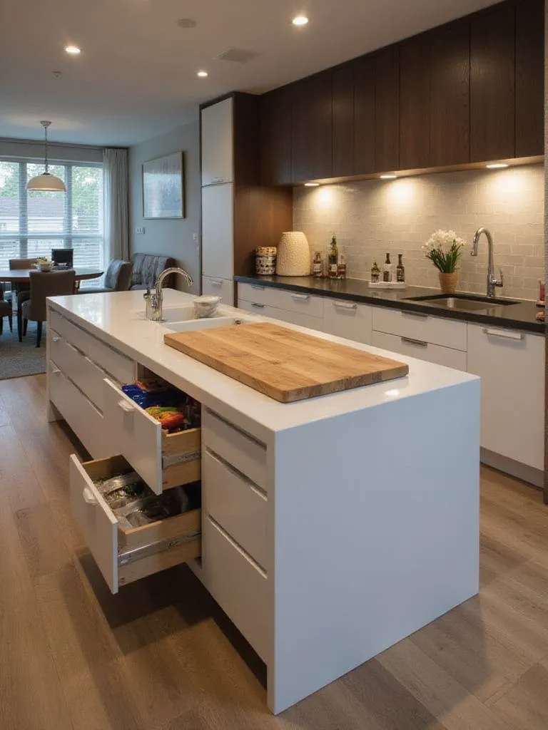 View of a dedicated kitchen prep zone on an island, featuring a prep sink, ample counter space, and nearby tool storage, illustrating efficient kitchen layout.
