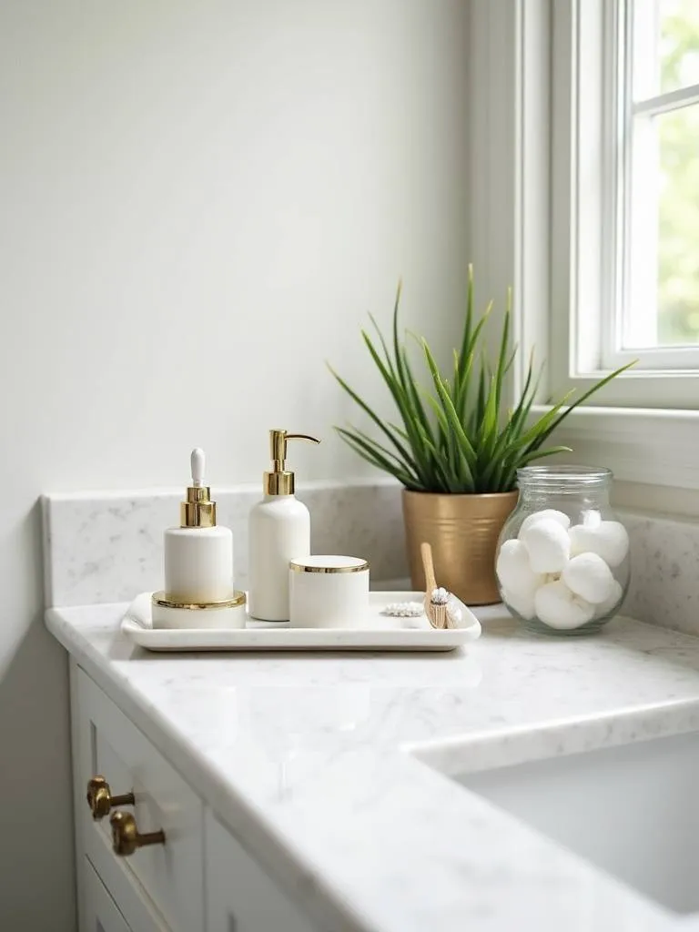 Curated collection of chic bathroom accessories on a marble counter, including a brass soap dispenser, ceramic toothbrush holder, potted plant, and glass jar.