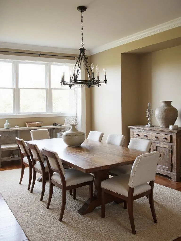 Rustic dining room with a mix of vintage farmhouse table and modern upholstered chairs