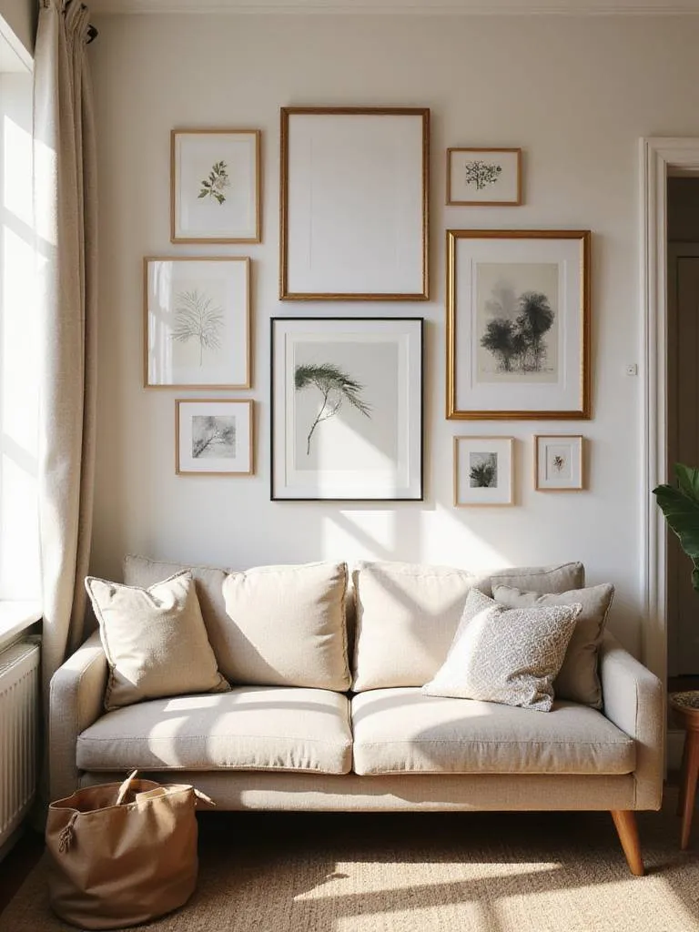 Apartment living room with a curated gallery wall above a sofa, featuring various framed artworks and a mirror, illustrating effective art placement.