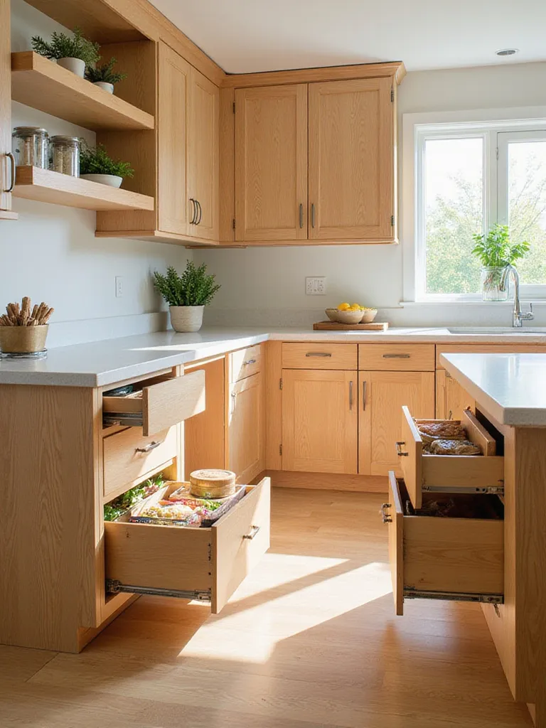 Custom organic kitchen cabinets featuring integrated healthy design elements like compost bins, ventilated produce drawers, and herb display shelving, illuminated by natural light.