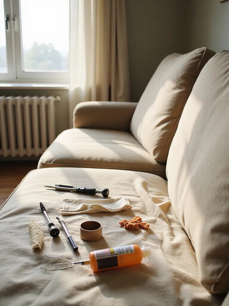 A living room couch with tools and materials laid out for DIY repairs, including a screwdriver, glue, fabric scraps, and cleaning supplies, illustrating how to fix common couch problems at home.