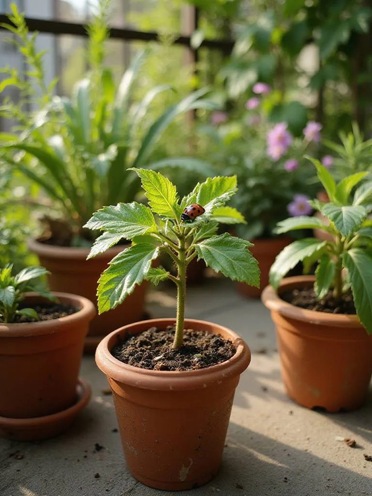 A container garden on a patio showing healthy plants alongside a pot with signs of pests and a ladybug, illustrating dealing with garden challenges.
