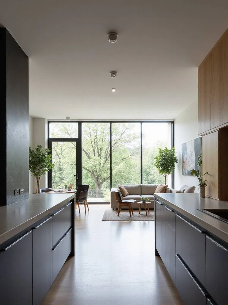View from a modern living room looking into an open-concept kitchen featuring a large island separating the spaces.