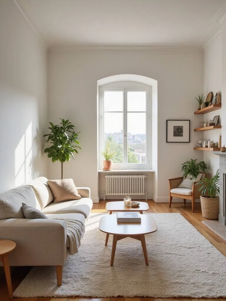 A peaceful and spacious living room with minimal clutter, comfortable seating, and soft natural light, creating a calm atmosphere.