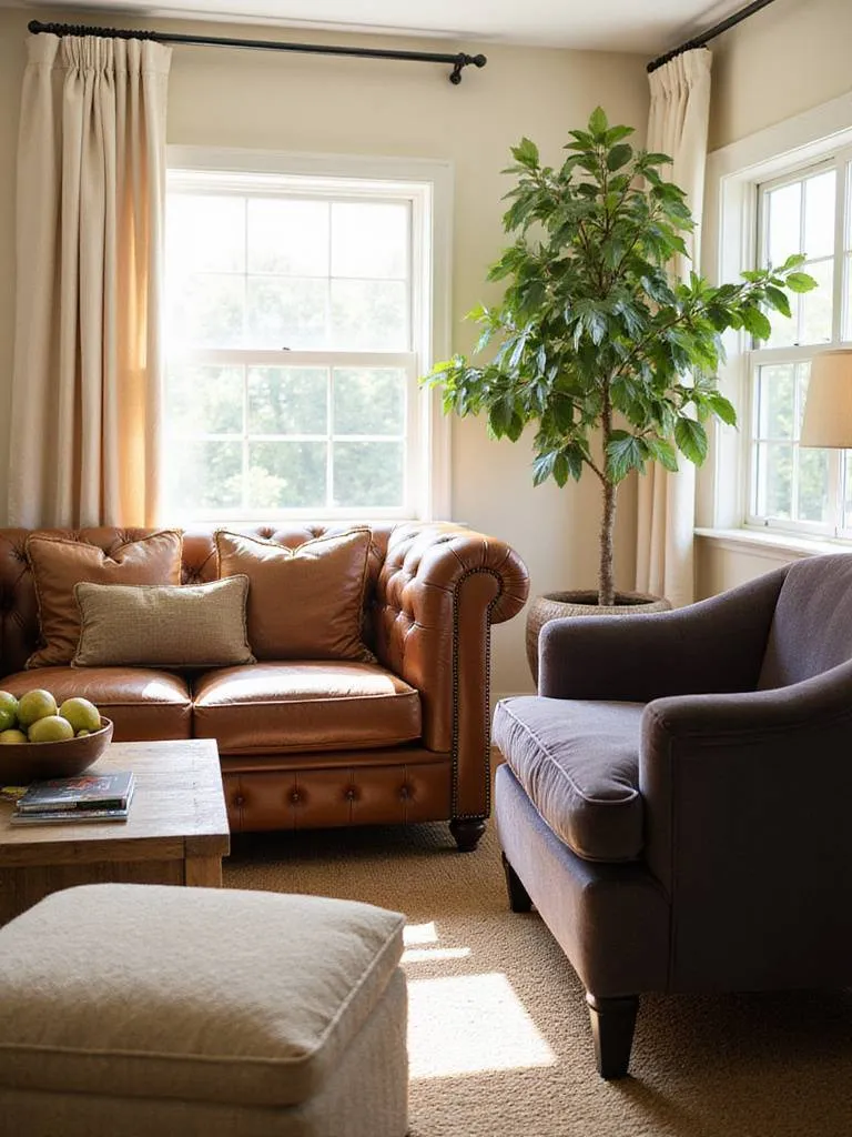 Living room scene displaying couches and chairs upholstered in different fabrics like leather, velvet, and linen, highlighted by natural light.