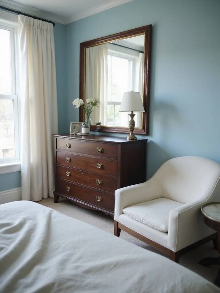 Bedroom featuring a dark wood dresser styled with light-colored accessories and a large mirror.