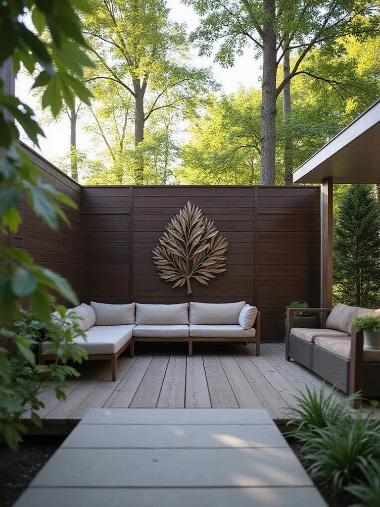 Modern deck with metal leaf sculpture on wooden privacy screen.