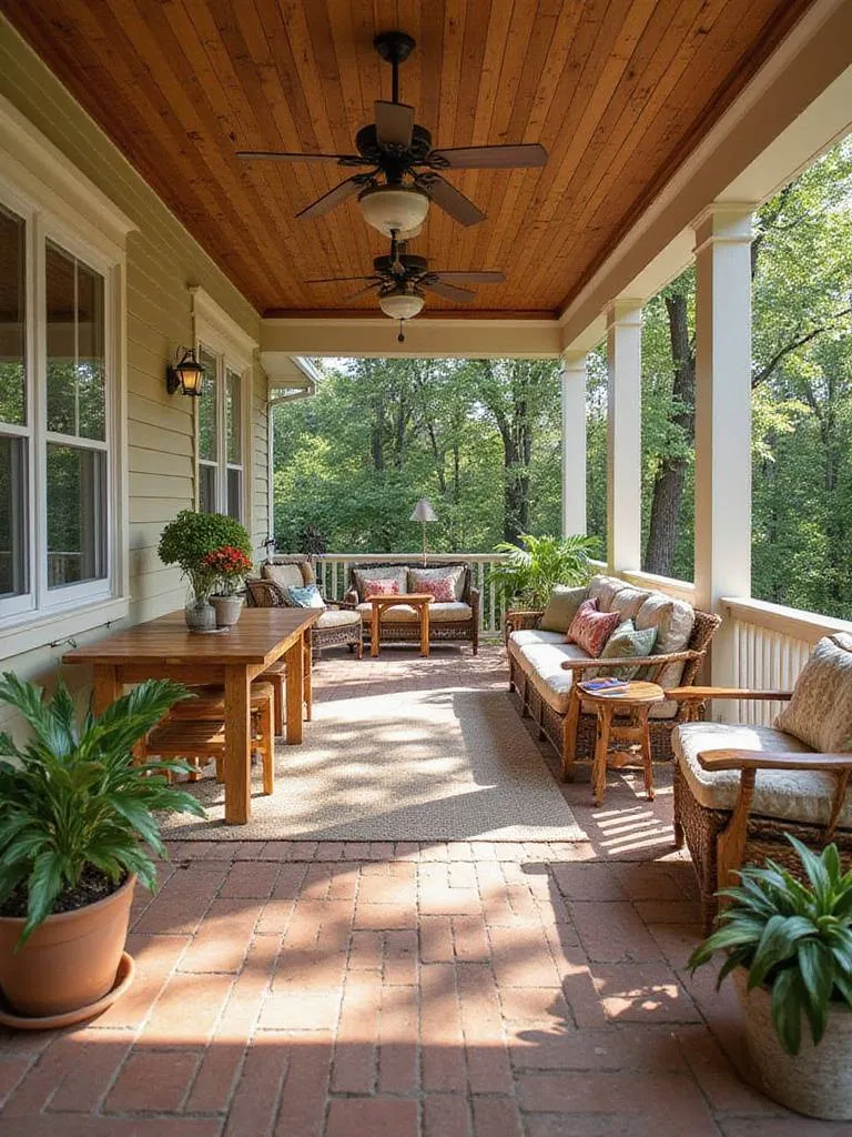 Back porch with clearly defined dining, lounge, and reading zones, separated by rugs, plants, and furniture.