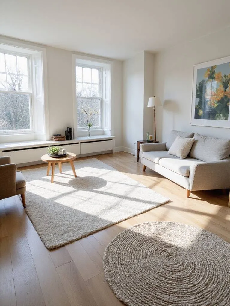 Modern open-plan living room with distinct zones defined by area rugs. A large geometric rug anchors the main seating area, while a smaller textured rug marks a reading nook.