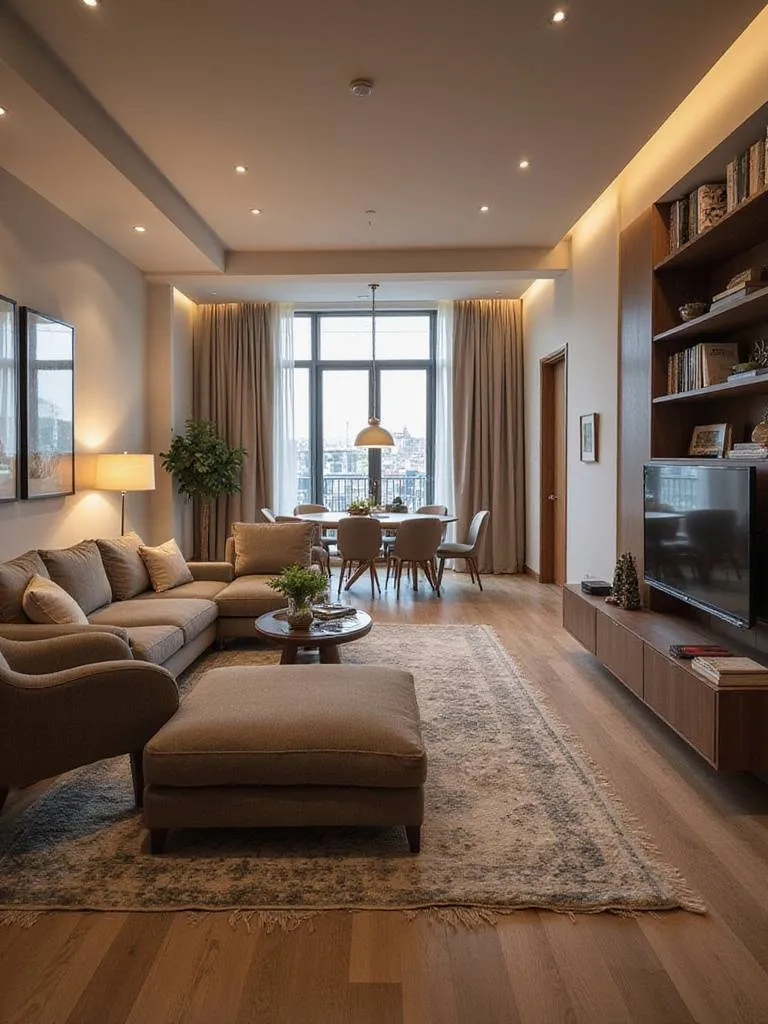 An open concept apartment living room and dining area showing how furniture arrangement, rugs, and lighting define separate functional zones.